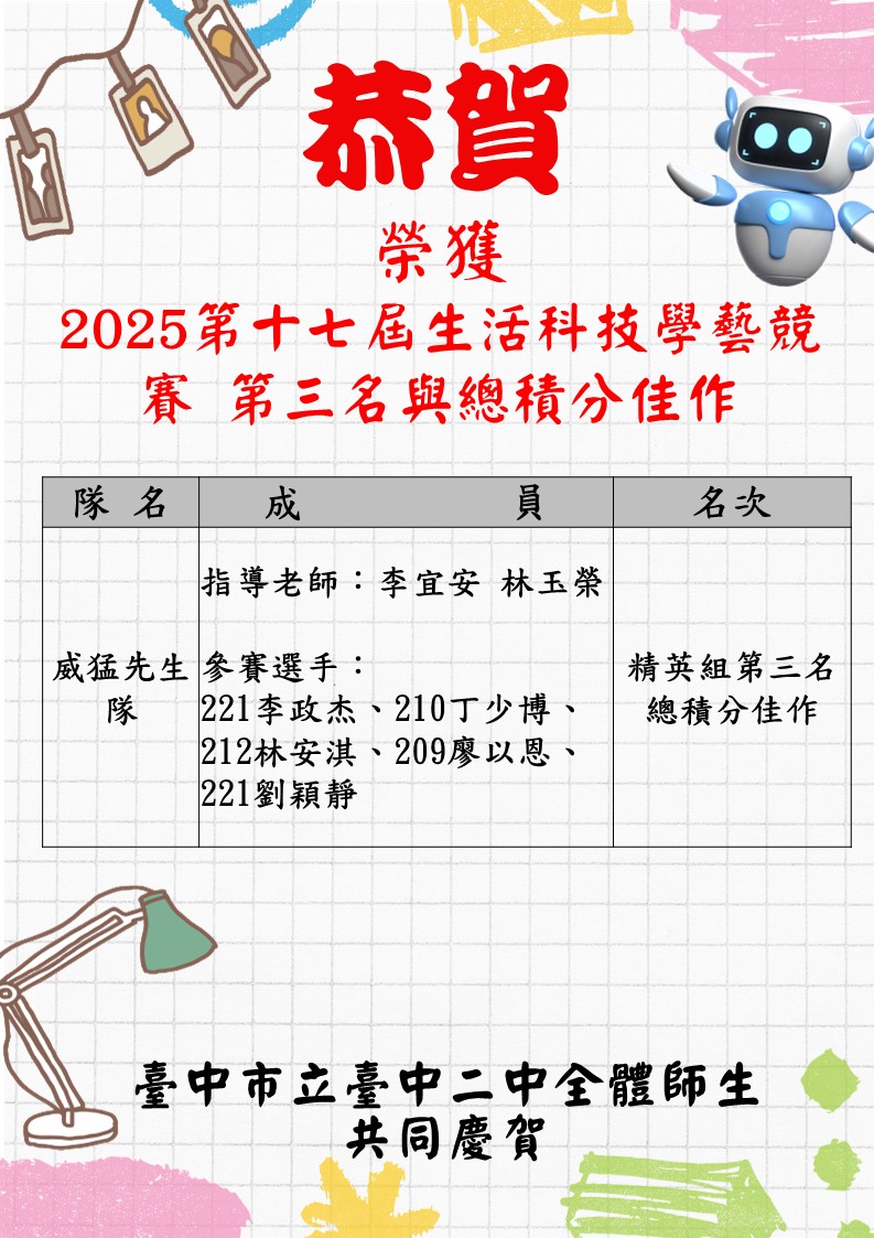恭賀榮獲2025第十七屆生活科技學藝競賽第三名與總積分佳作