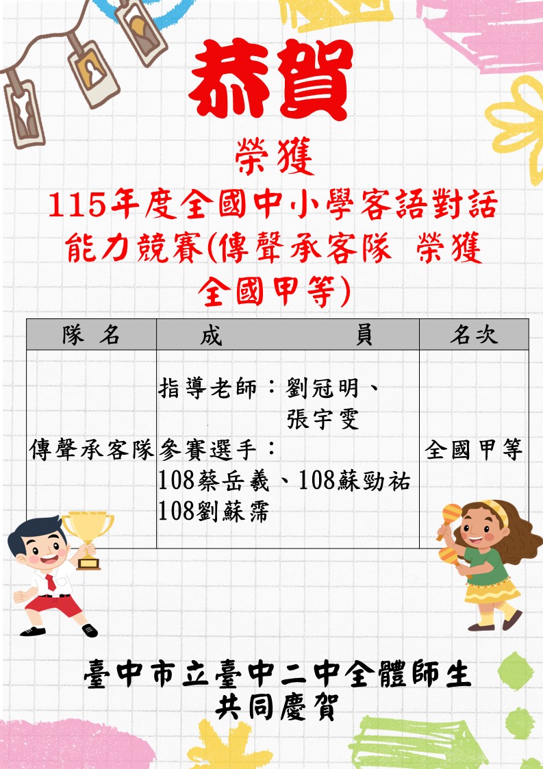 恭賀榮獲115年度全國中小學客語對話能力競賽(傳聲承客隊 榮獲全國甲等)