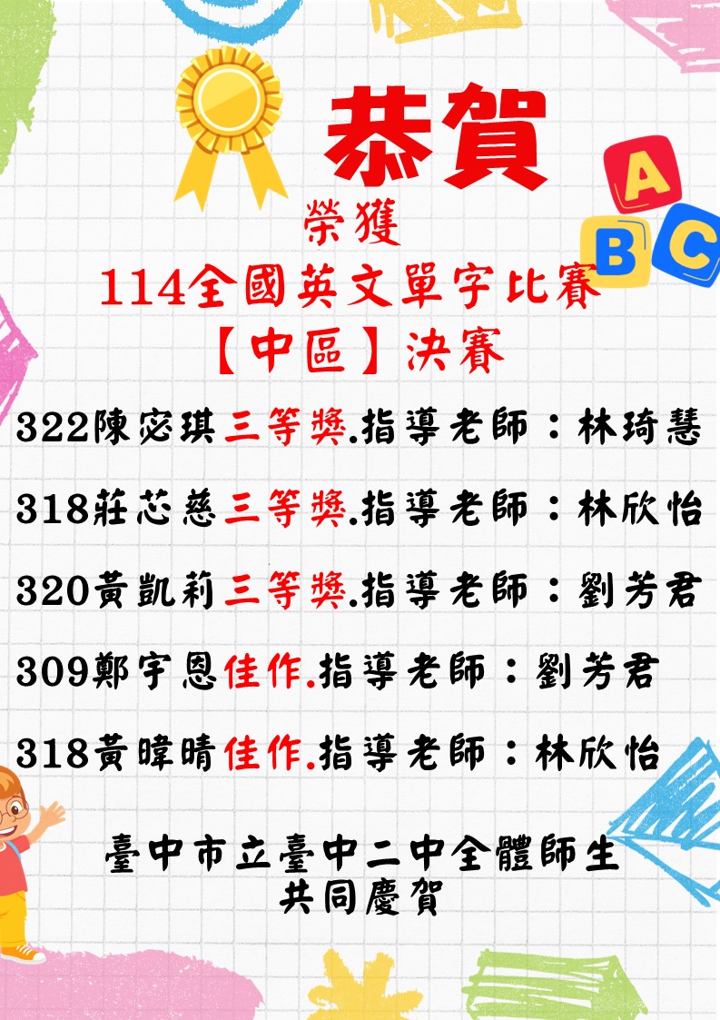 恭賀本校榮獲114學年度全國高級中等學校學生英文單字比賽【中區】決賽三等獎、佳作